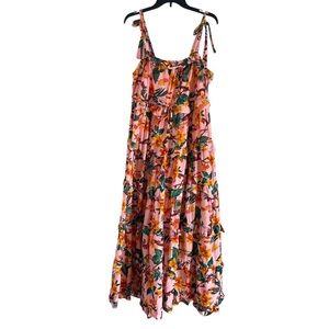 Anthropologie Farm Rio Size XL New Tiered Square Neck Maxi Dress shoulder tie